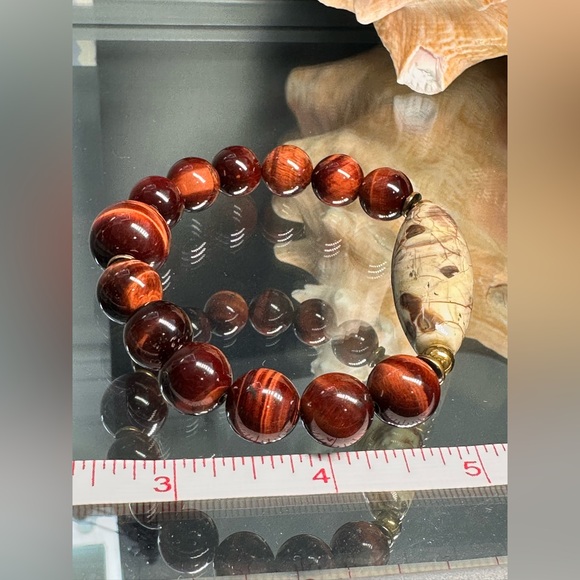 RED TIGERS EYE + MUSHROOM JASPER NATURAL STONES BRACELET size 7” - Picture 5 of 9